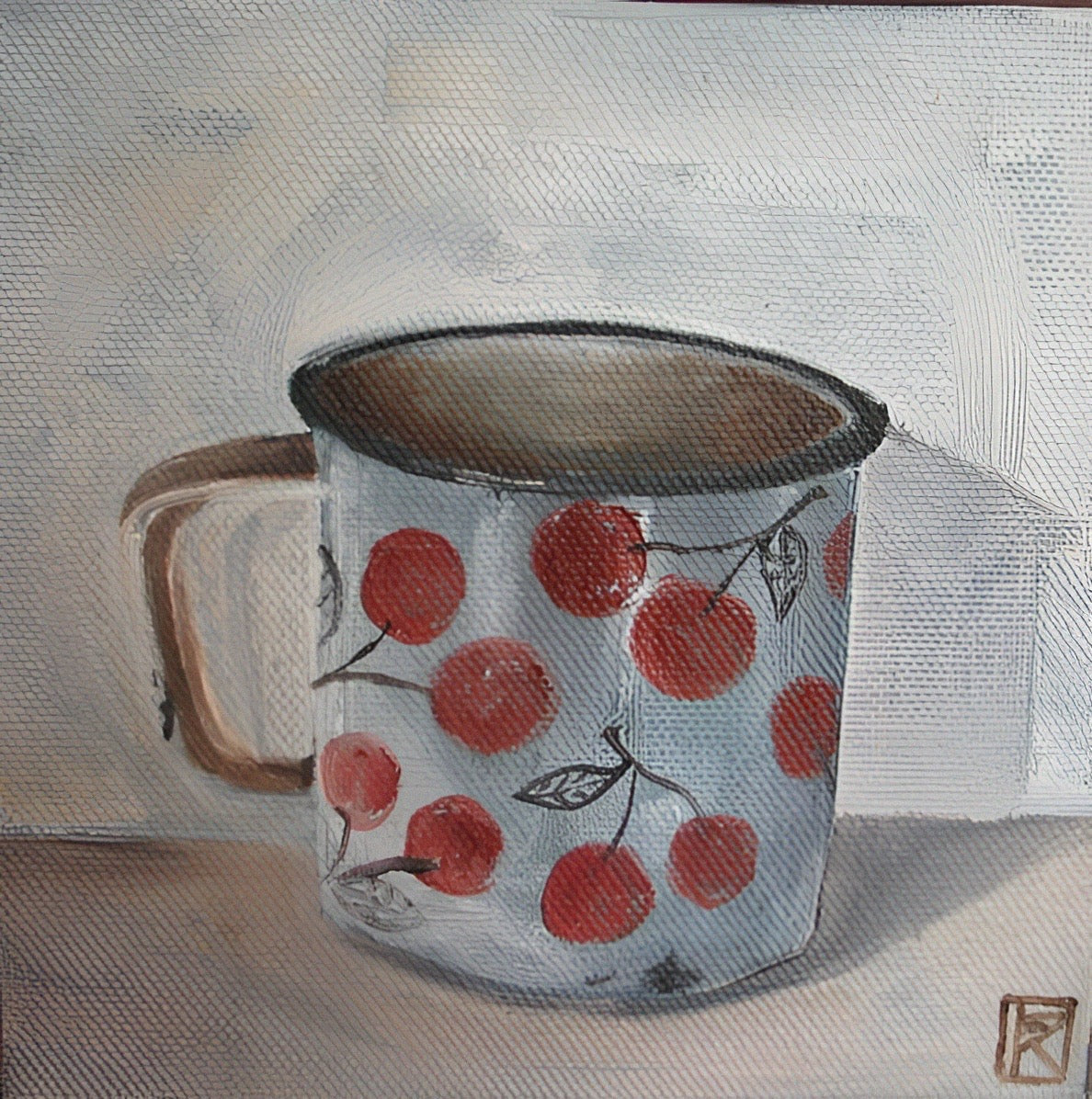Original oil painting of a white enamel mug decorated with red cherries on a pale grey background by Karin Faucheux