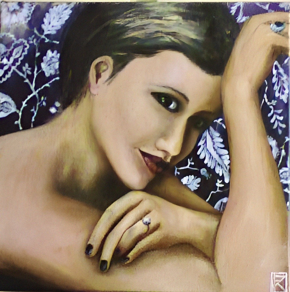 Original oil portrait painting of a smiling dark-haired woman resting on her arms against a purple floral background by Karin Faucheux