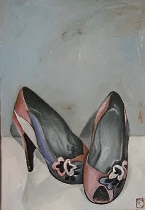 Original oil painting of pink and grey peep-toe heels with bow detail against a pale blue-grey background by Karin Faucheux