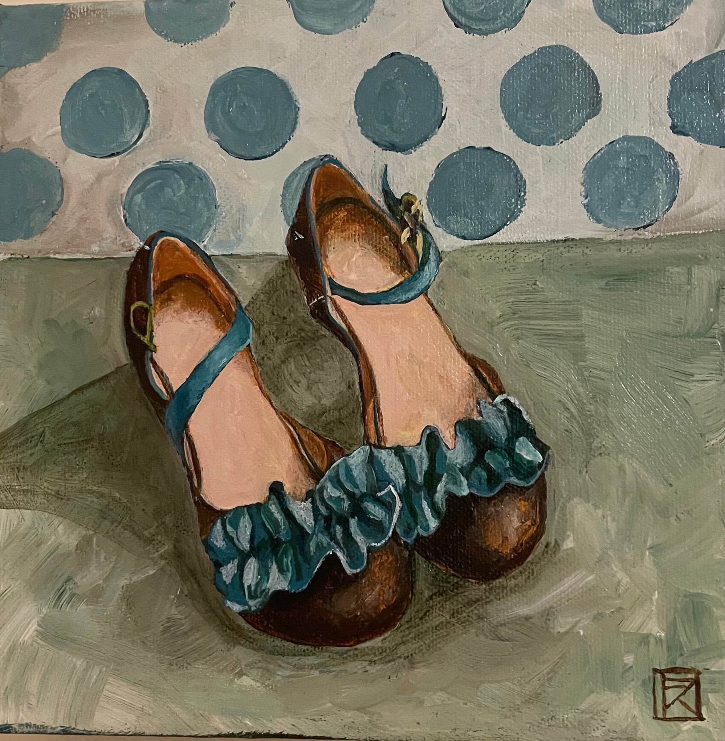 Original acrylic painting of brown leather heels with teal ruffles and ankle straps against a polka dot background by Karin Faucheux