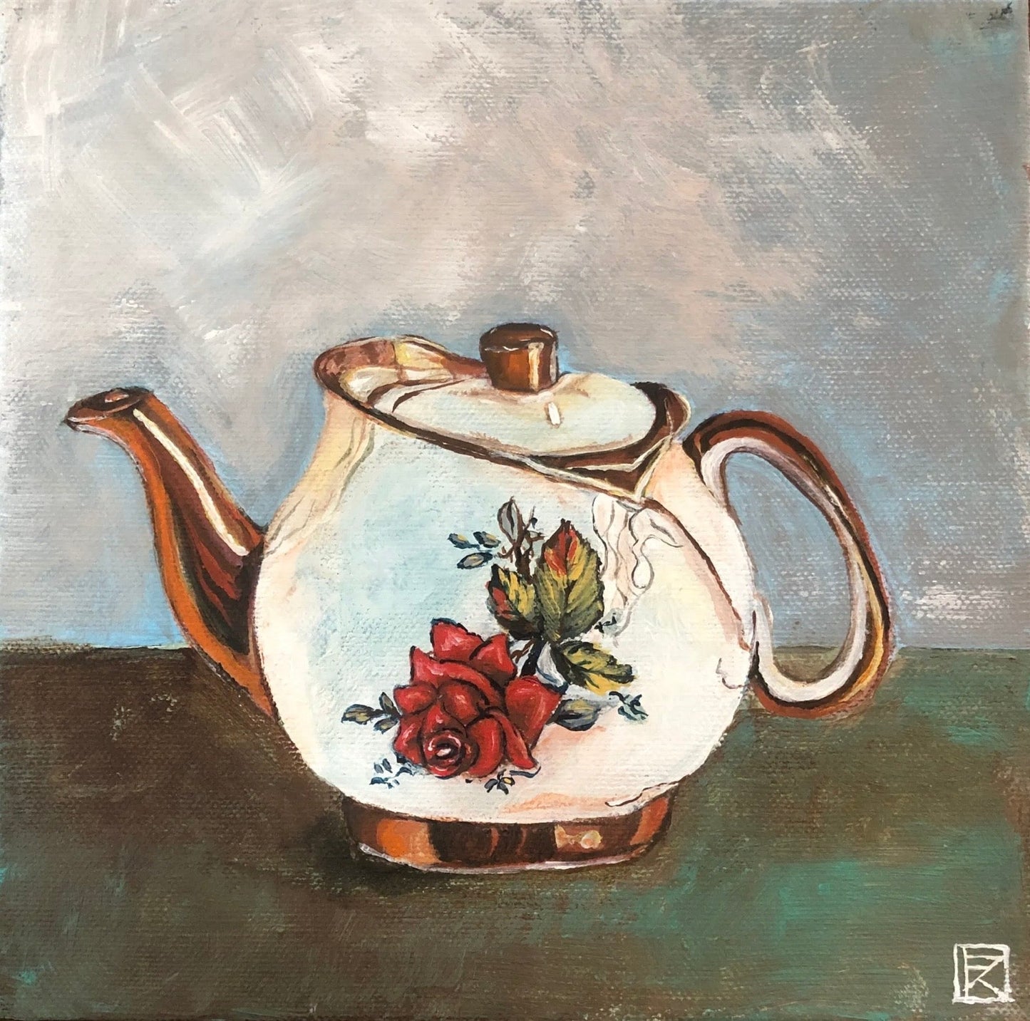 Original acrylic painting of a cream vintage teapot with red rose motif and copper trim on a grey-teal background by Karin Faucheux