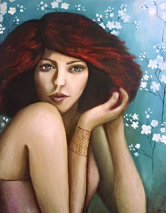 Original acrylic portrait painting of a bold red-haired woman with a gold cuff bracelet against a teal floral background by Karin Faucheux