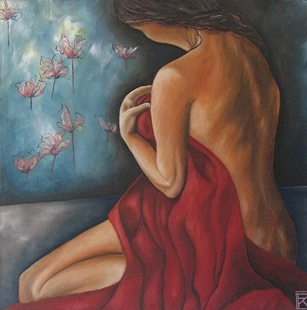 Original oil painting of a woman seen from behind in a red drape with floating pink flowers on a teal background by Karin Faucheux