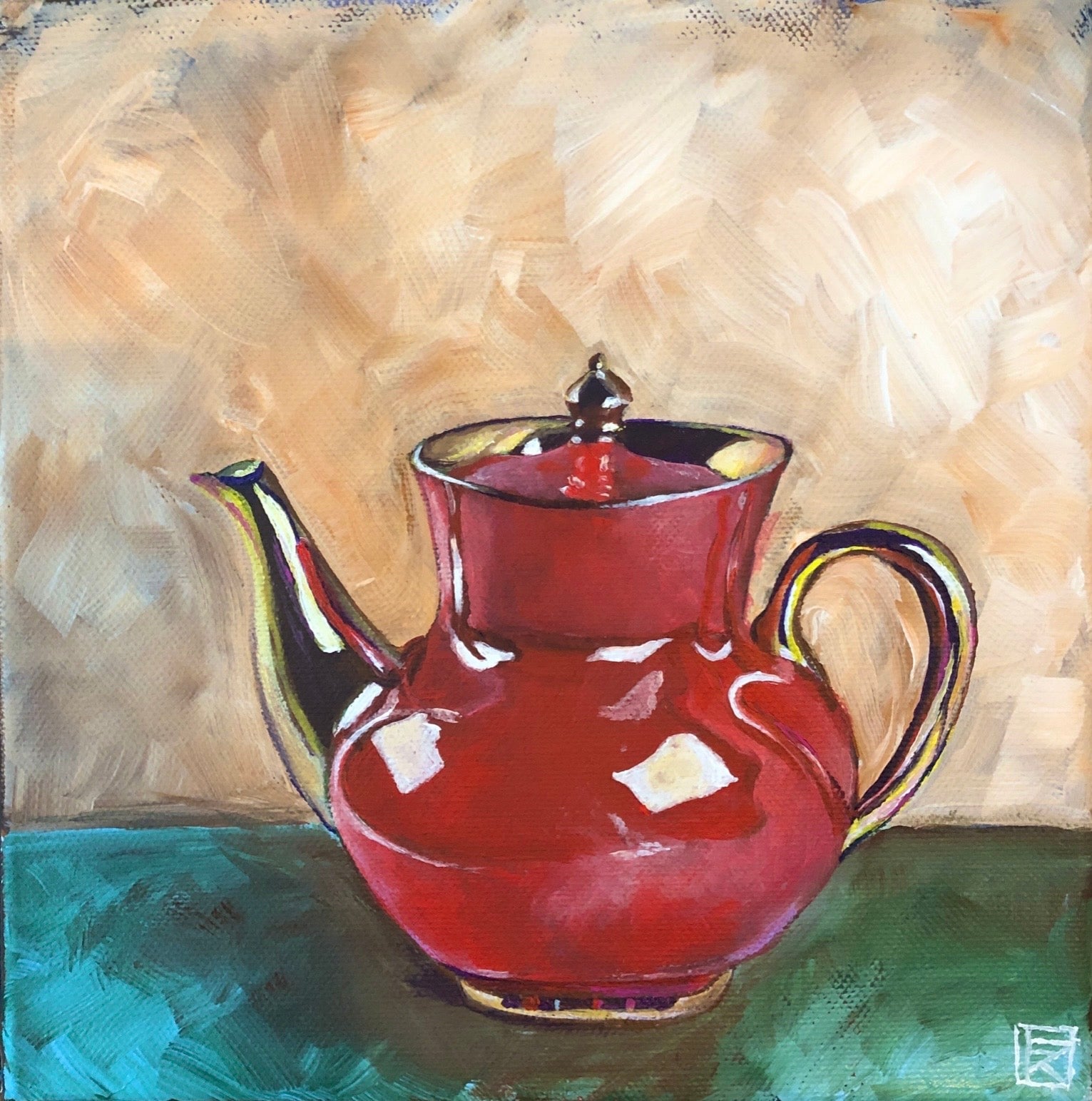 Original acrylic painting of a glossy red teapot with gold trim on a teal surface against a warm beige background by Karin Faucheux
