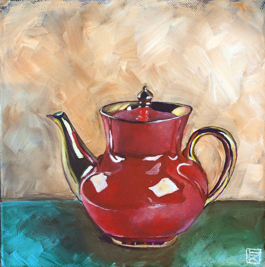 Original acrylic painting of a glossy red teapot with gold trim on a teal surface against a warm beige background by Karin Faucheux
