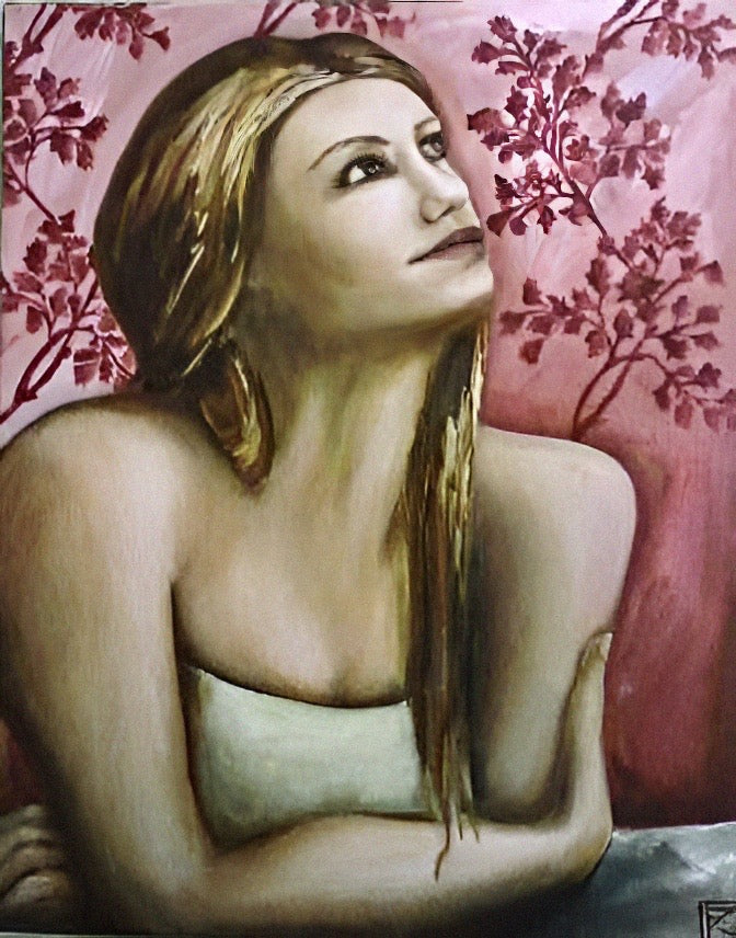 Original oil portrait painting of a blonde woman gazing upward against a pink cherry blossom background by Karin Faucheux