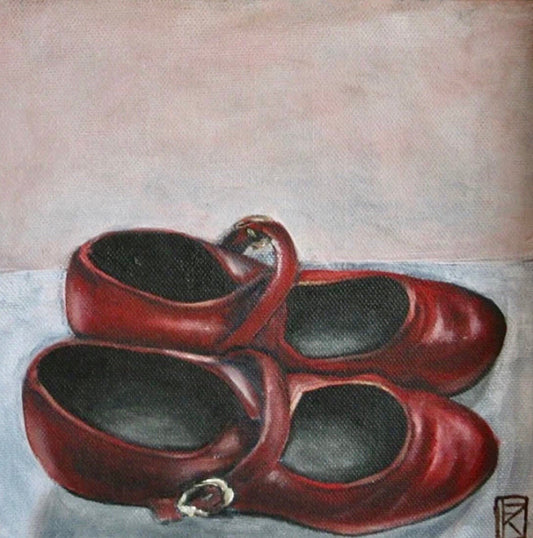 Original oil painting of a pair of worn red leather Mary Jane shoes with ankle straps on a grey surface by Karin Faucheux