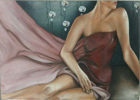 Original oil painting of a reclining woman in flowing pink and burgundy fabric against a dark floral background by Karin Faucheux