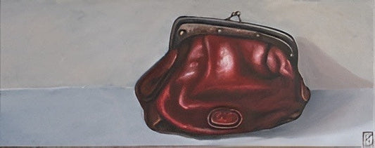 Original oil painting of a worn burgundy leather clasp coin purse on a pale grey surface by Karin Faucheux