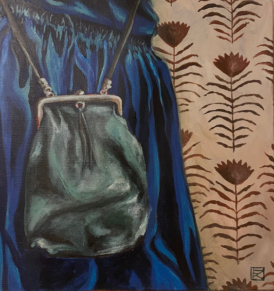Original acrylic painting of a vintage green leather clasp bag worn over a blue dress against a botanical wallpaper background by Karin Faucheux