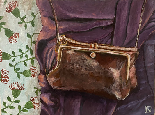 Original acrylic painting of a worn brown leather gold clasp handbag against a purple dress and botanical floral wallpaper by Karin Faucheux