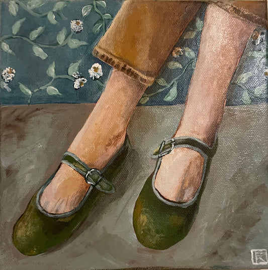 Original acrylic painting of green leather Mary Jane shoes with ankle straps and socks against a teal floral wallpaper background by Karin Faucheux