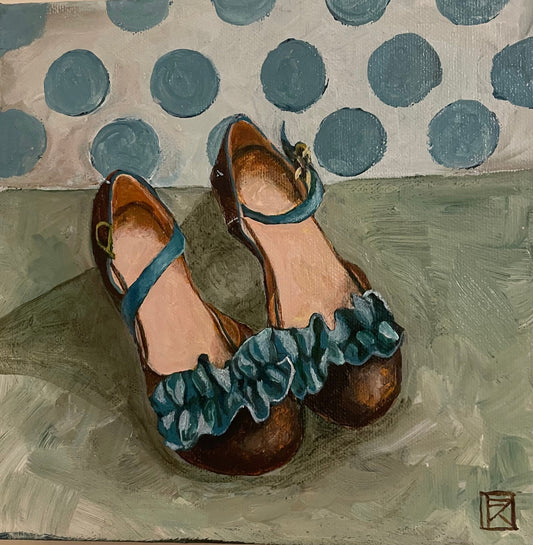 Original acrylic painting of brown leather heels with teal ruffles and ankle straps against a polka dot background by Karin Faucheux