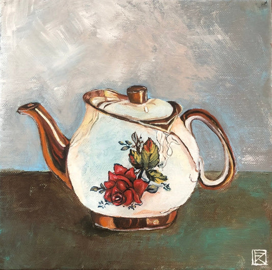 Original acrylic painting of a cream vintage teapot with red rose motif and copper trim on a grey-teal background by Karin Faucheux
