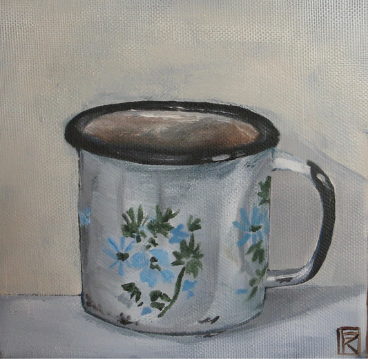 Original oil painting of a worn white enamel mug with blue floral pattern on a pale grey background by Karin Faucheux