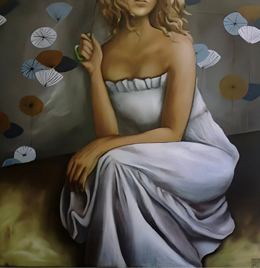 Original oil painting of a seated blonde woman in a white strapless dress surrounded by floating dandelion seed heads on a grey background by Karin Faucheux