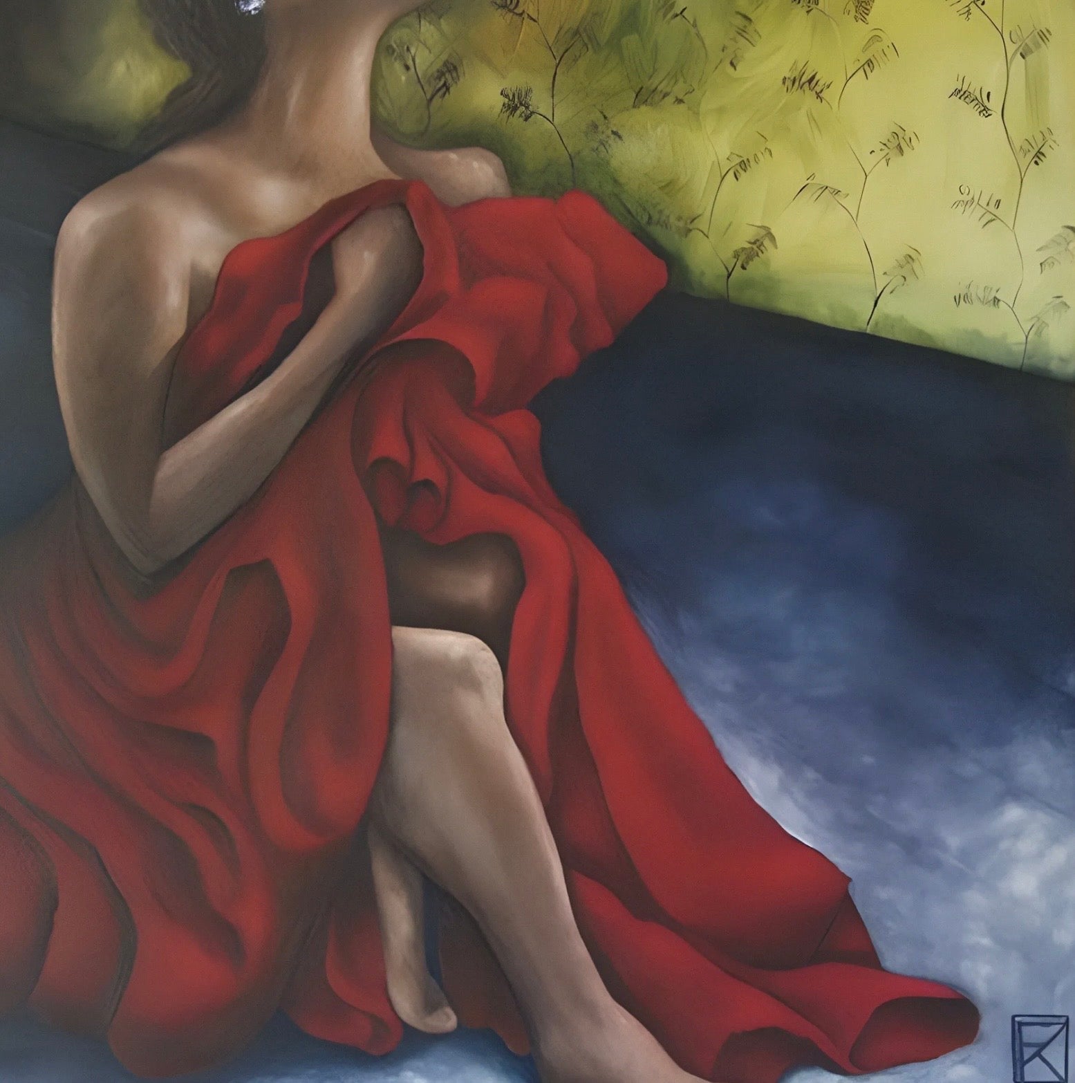 Original oil painting of a seated woman wrapped in flowing red fabric against a golden botanical background by Karin Faucheux